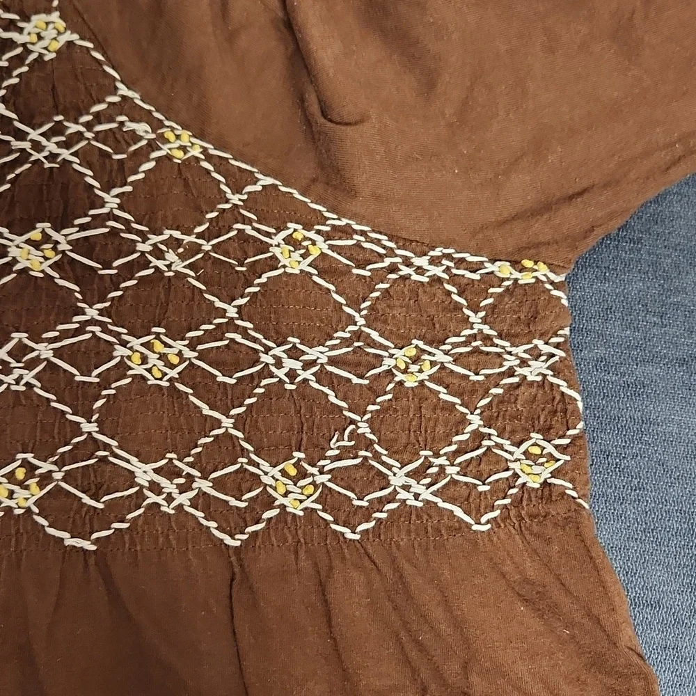 Roaman's Brown Jersey Cotton Smocked Bodice & Embroidered Long Sleeve Top  2X
